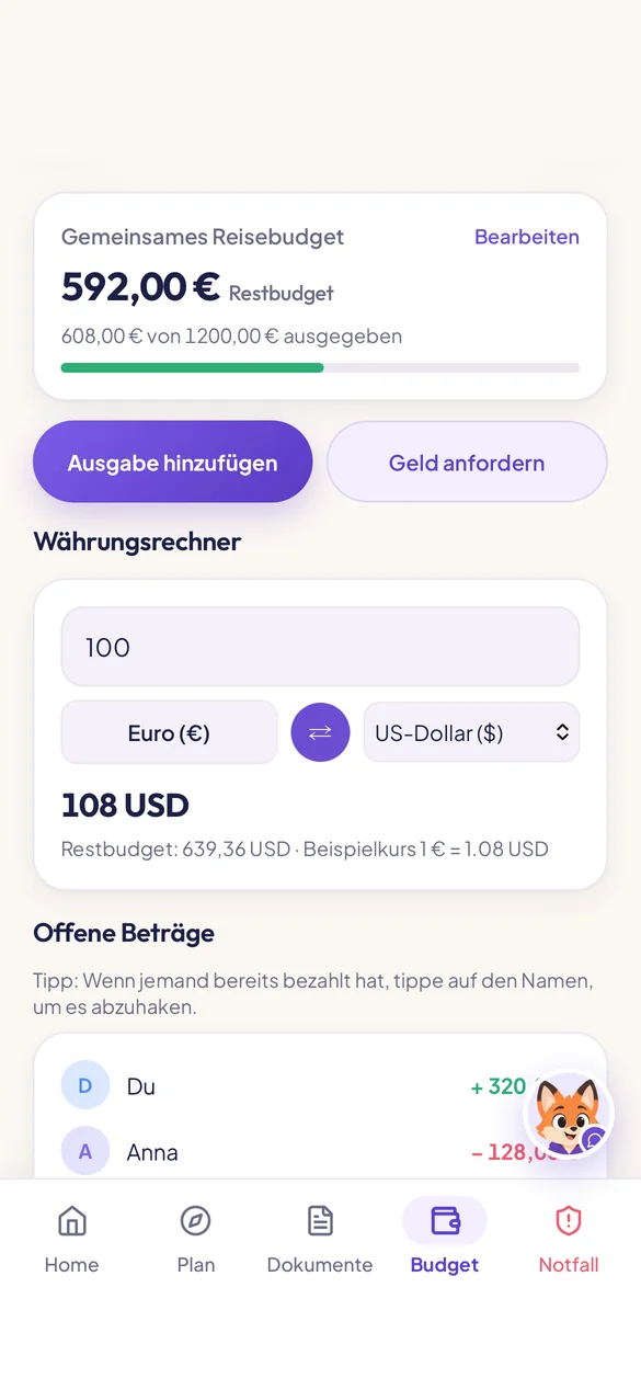 Reva-App: Gemeinsames Reisebudget mit Restbudget, Währungsrechner und offenen Beträgen der Gruppe.