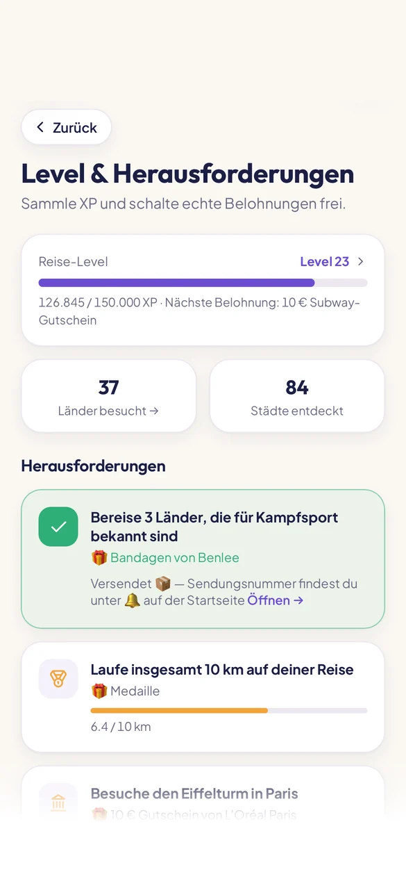 Reva-App: Level und Herausforderungen mit Reise-Level, besuchten Ländern und Belohnungen.