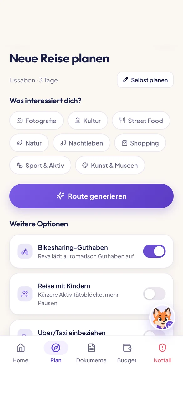 Reva-App: Neue Reise planen mit Interessen wie Fotografie, Kultur und Street Food und dem Button Route generieren.