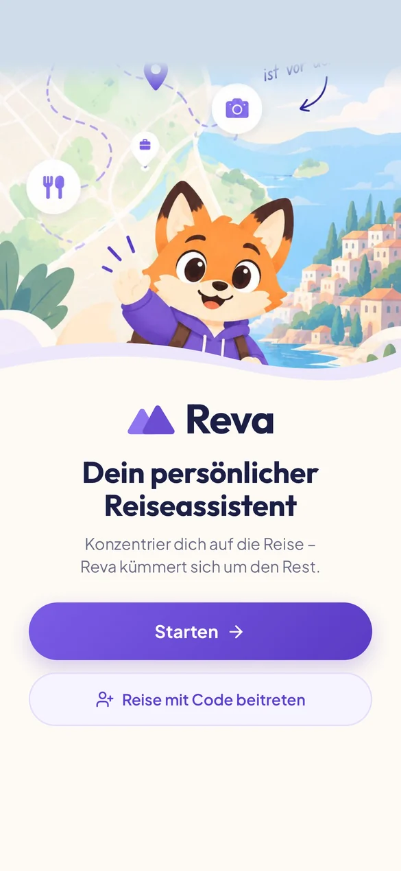 Startbildschirm des Reva-Prototyps mit Rehber vor einer Karte und dem Button Starten.